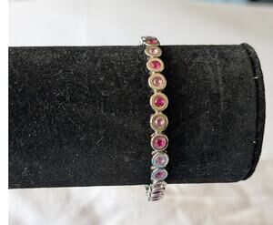 Signed Rustic Cuff  Silver Tone Metal Bracelet With Red Cabochon Stones